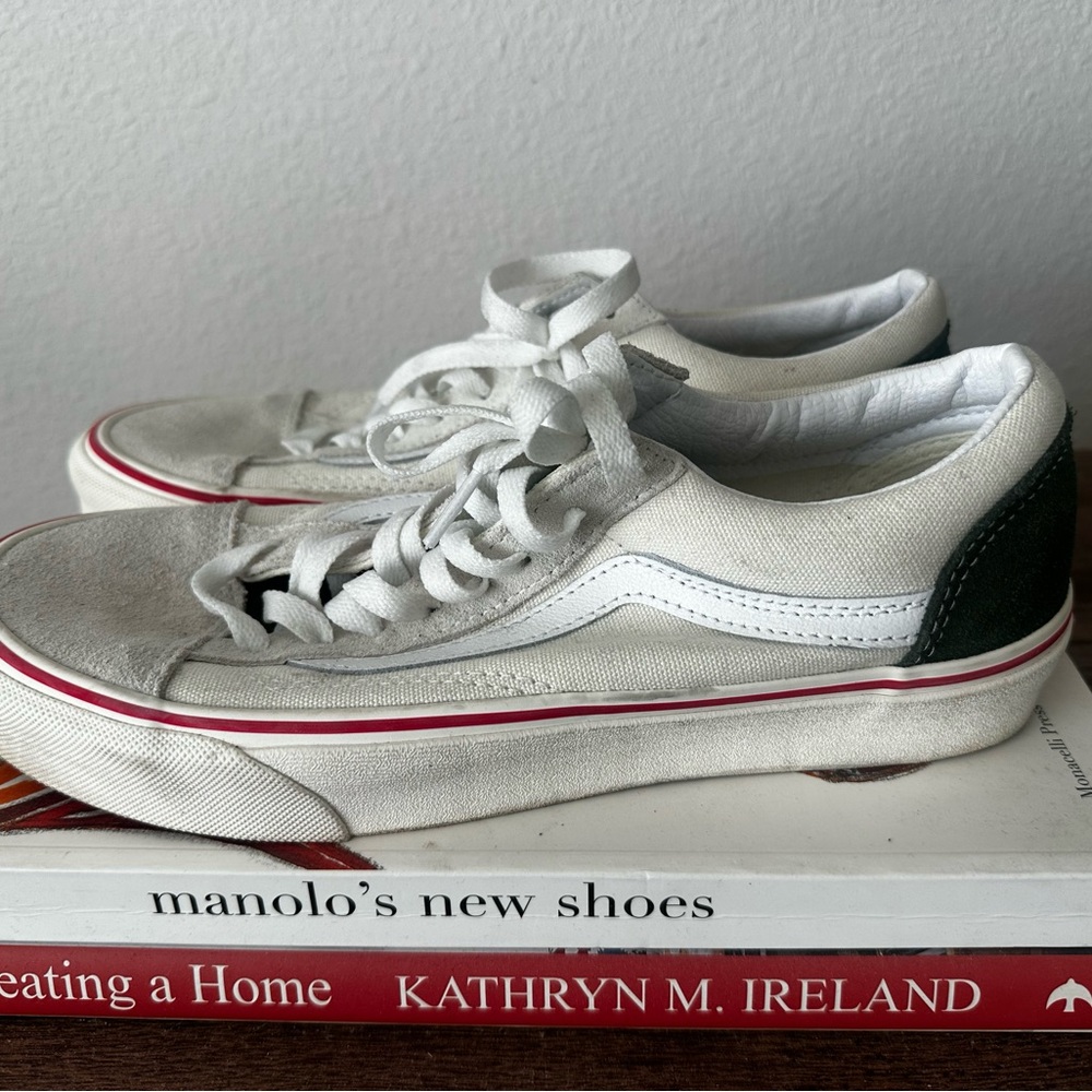 White and Green Vans with Red Accents